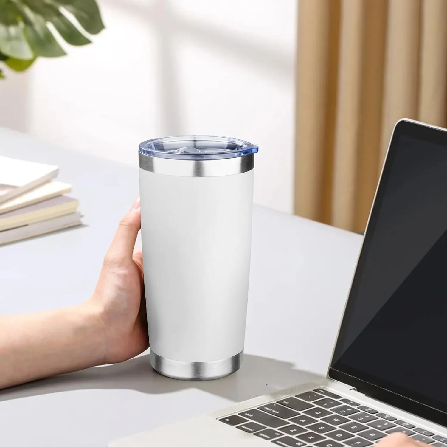 20oz Tumbler with Lid Double Wall Vacuum Insulated Travel Coffee Mug Stainless Steel Thermal Cup Powder Coated Sturdy Coffee Tumbler Bulk for Hot and Cold Beverage (White,4)