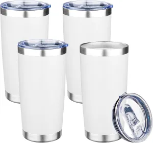 20oz Tumbler with Lid Double Wall Vacuum Insulated Travel Coffee Mug Stainless Steel Thermal Cup Powder Coated Sturdy Coffee Tumbler Bulk for Hot and Cold Beverage (White,4)