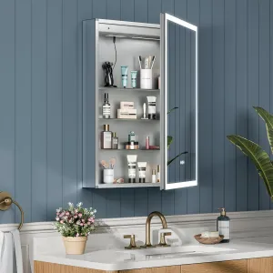24x32 Inch Medicine Cabinet with Lights, AL Alloy Frame, Plug-in or Hardwired, Recessed or Wall Mount, 3 Colors/Dimmable/Interior Sensor Light/Defog,2 Outlets & USBs,3 Shelves (Right Hinge)