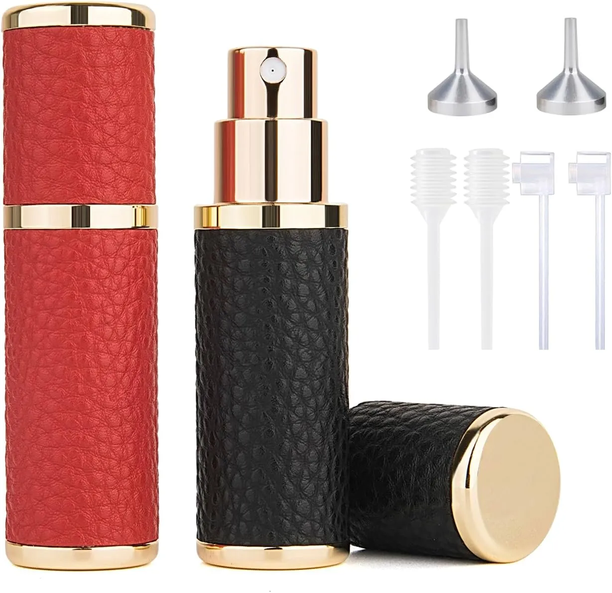2Pcs Perfume Atomizer Bottle (5ML),Mini Refillable Empty Cologne Spray Bottle With Luxury Leather Case,for Travel Out Side Work Women and Men (Black Red)