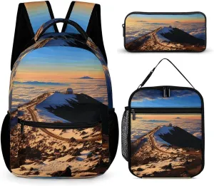3-in-1 Backpack Combo Set, Mauna Kea Summit Sunset Print Backpack And Lunch-bag Backpack with Lunch Bag 3 Piece Set Backpack Lunch Bag Combo