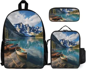 3-in-1 Backpack Combo Set, Moraine Lake Canoes Print Backpack And Lunch-bag Backpack with Lunch Bag 3 Piece Set Backpack Lunch Bag Combo
