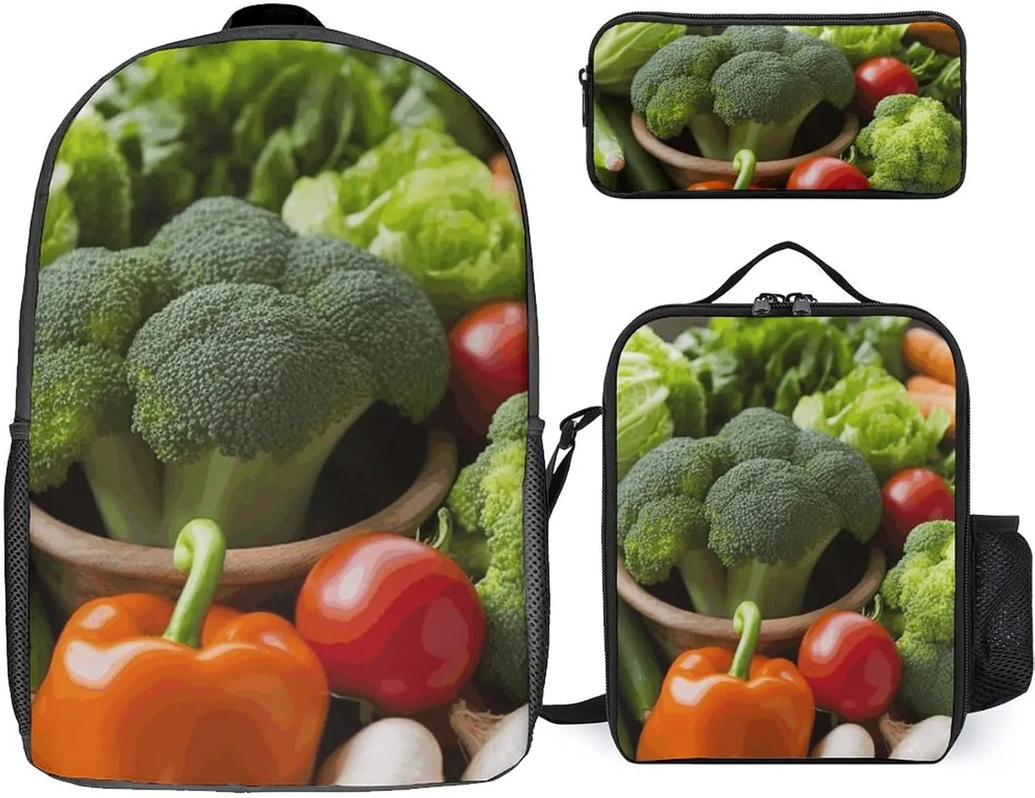 3-in-1 Backpack Combo Set, Nutritious Vegetables Print Backpack And Lunch-bag Backpack with Lunch Bag 3 Piece Set Backpack Lunch Bag Combo