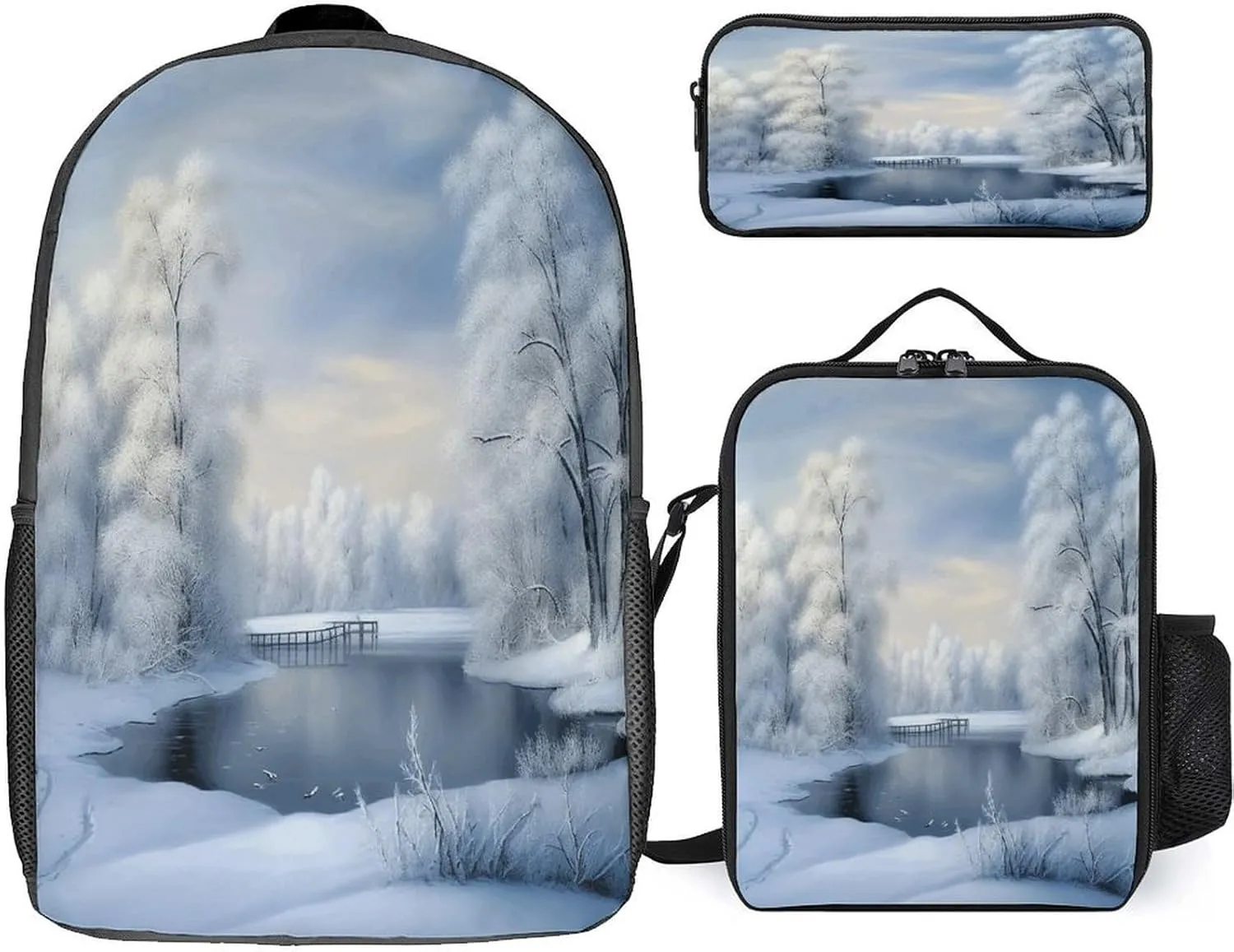 3 in 1 Backpack Set Beautiful Winter Print Casual Backpack Set Small Cosmetic Bag Travel Daypack Crossbody Lunch Bag Coin Purse Set