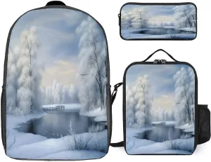 3 in 1 Backpack Set Beautiful Winter Print Casual Backpack Set Small Cosmetic Bag Travel Daypack Crossbody Lunch Bag Coin Purse Set