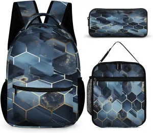 3 In 1 Backpack Set Blue Hexagons And Diamonds Print Casual Backpack Sets Small Cosmetic Bag Travel Daypack Lunch Bag Coin Purse Set