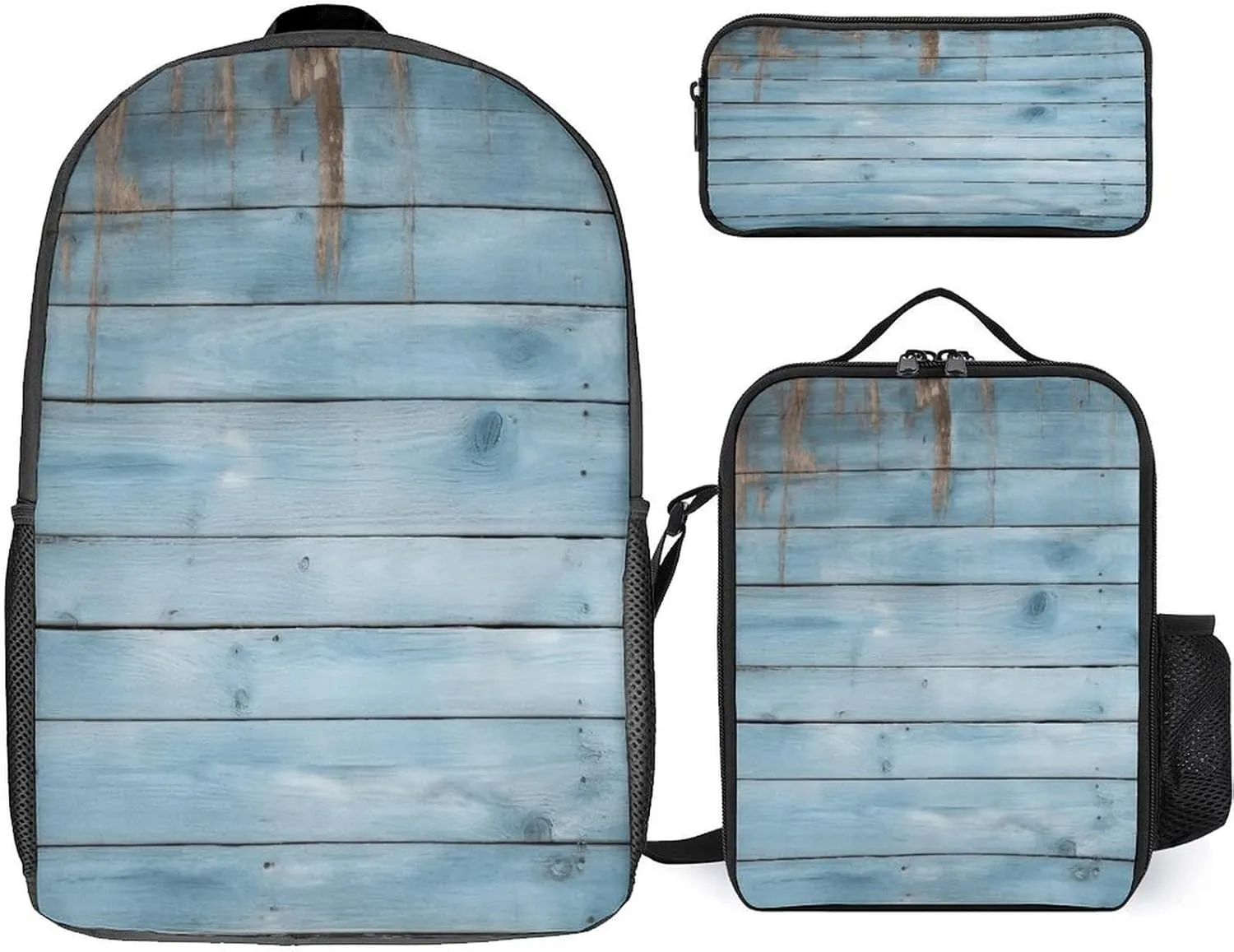 3 in 1 Backpack Set Blue Wood Print Casual Backpack Set Small Cosmetic Bag Travel Daypack Crossbody Lunch Bag Coin Purse Set