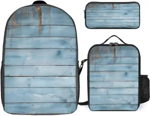3 in 1 Backpack Set Blue Wood Print Casual Backpack Set Small Cosmetic Bag Travel Daypack Crossbody Lunch Bag Coin Purse Set