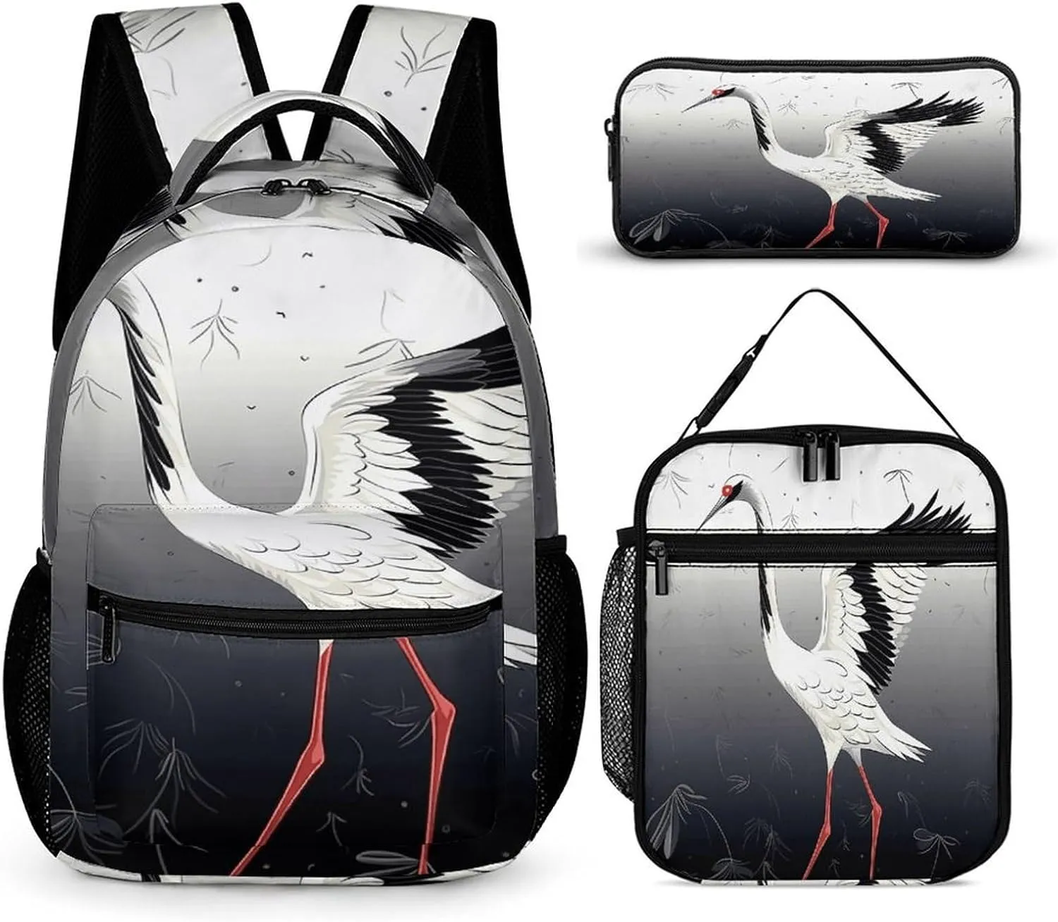 3 In 1 Backpack Set Crane Print Casual Backpack Sets Small Cosmetic Bag Travel Daypack Lunch Bag Coin Purse Set