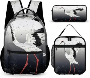 3 In 1 Backpack Set Crane Print Casual Backpack Sets Small Cosmetic Bag Travel Daypack Lunch Bag Coin Purse Set