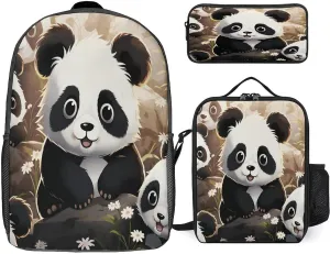 3 in 1 Backpack Set Cute Panda Animal Print Casual Backpack Set Small Cosmetic Bag Travel Daypack Crossbody Lunch Bag Coin Purse Set