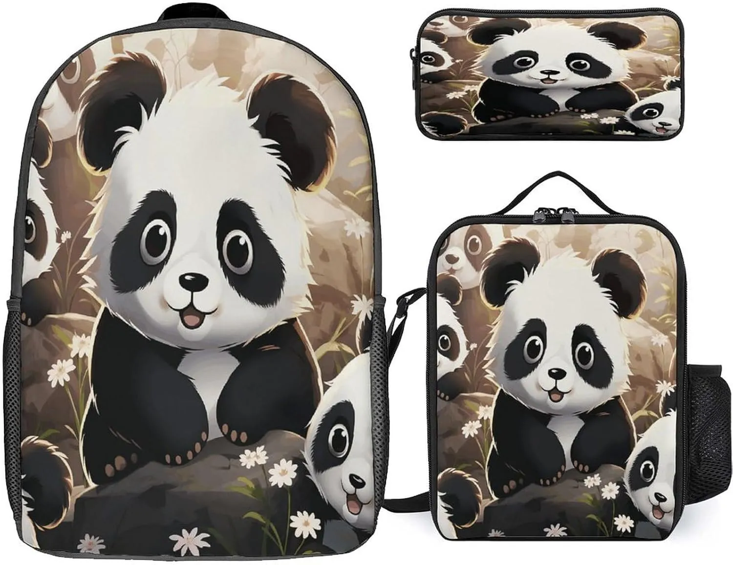 3 in 1 Backpack Set Cute Panda Animal Print Casual Backpack Set Small Cosmetic Bag Travel Daypack Crossbody Lunch Bag Coin Purse Set