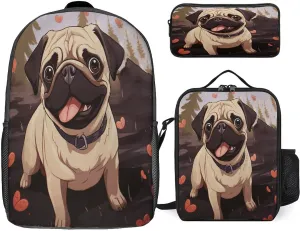 3 in 1 Backpack Set Cute Pug Print Casual Backpack Set Small Cosmetic Bag Travel Daypack Crossbody Lunch Bag Coin Purse Set
