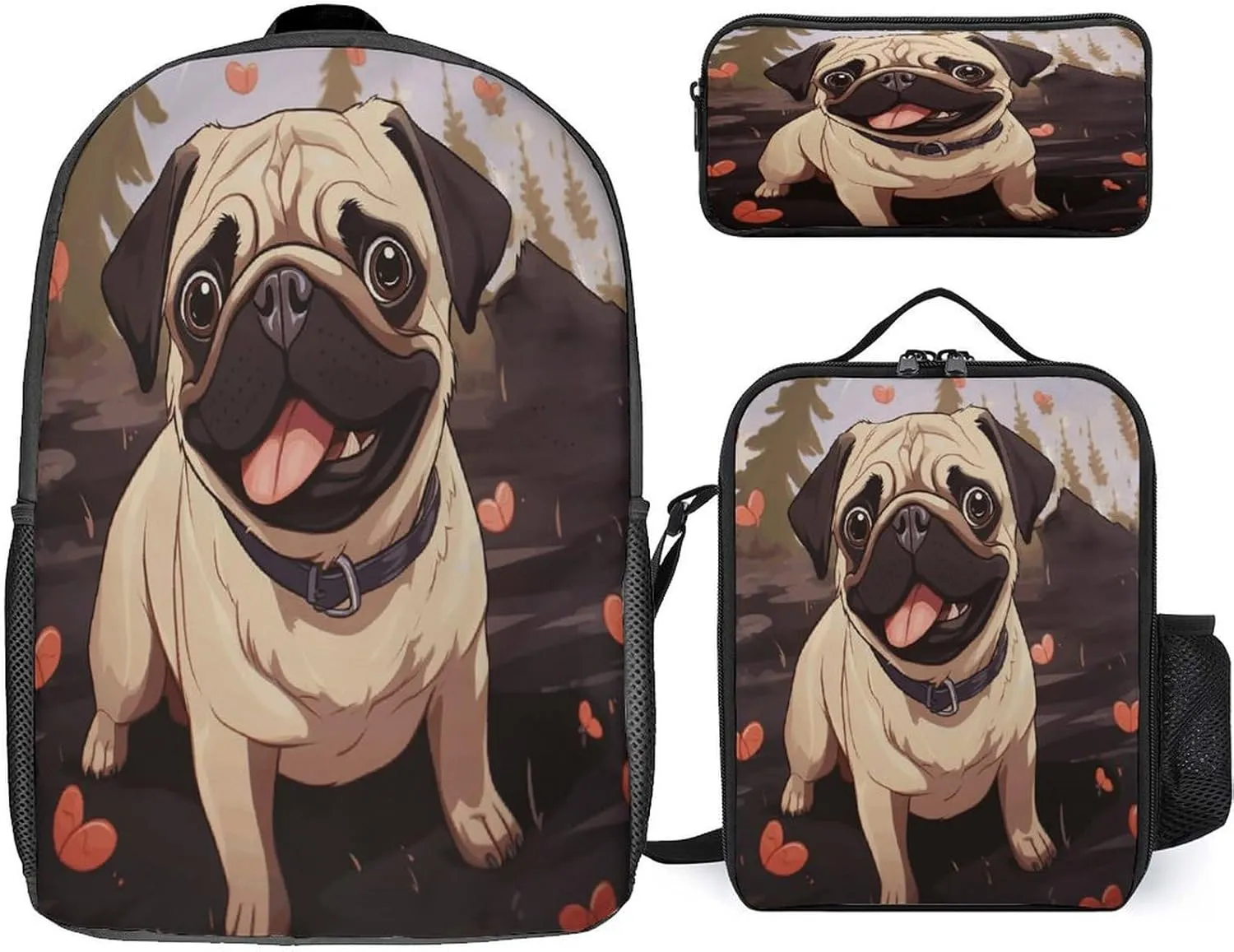 3 in 1 Backpack Set Cute Pug Print Casual Backpack Set Small Cosmetic Bag Travel Daypack Crossbody Lunch Bag Coin Purse Set