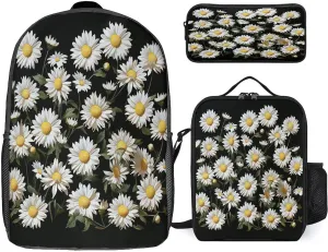3 in 1 Backpack Set Daisy Print Casual Backpack Set Small Cosmetic Bag Travel Daypack Crossbody Lunch Bag Coin Purse Set