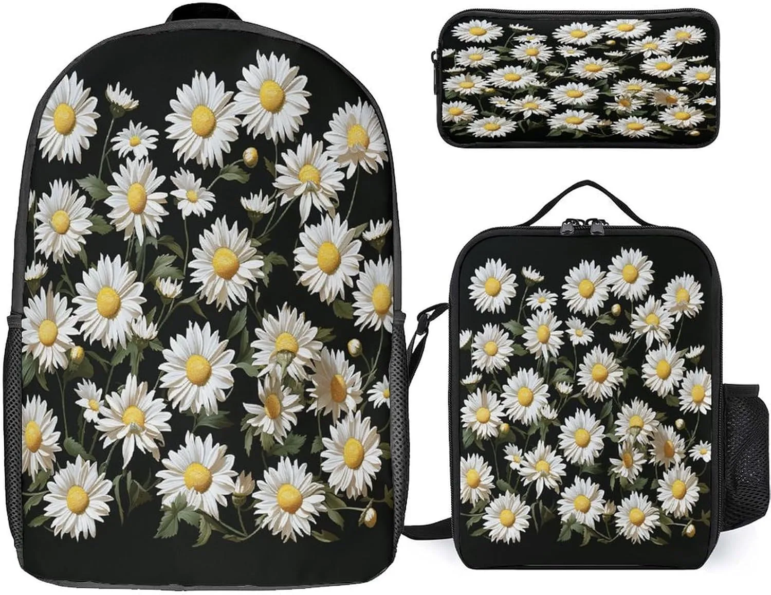 3 in 1 Backpack Set Daisy Print Casual Backpack Set Small Cosmetic Bag Travel Daypack Crossbody Lunch Bag Coin Purse Set