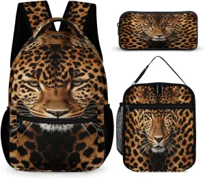 3 In 1 Backpack Set Depict A Leopard Print Casual Backpack Sets Small Cosmetic Bag Travel Daypack Lunch Bag Coin Purse Set