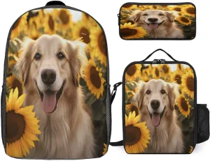 3 in 1 Backpack Set Dog And Sunflower Print Casual Backpack Set Small Cosmetic Bag Travel Daypack Crossbody Lunch Bag Coin Purse Set
