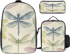 3 in 1 Backpack Set Dragonfly Drawing Print Casual Backpack Set Small Cosmetic Bag Travel Daypack Crossbody Lunch Bag Coin Purse Set