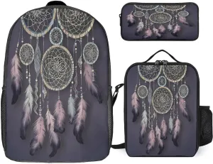 3 in 1 Backpack Set Dream Catcher Print Casual Backpack Set Small Cosmetic Bag Travel Daypack Crossbody Lunch Bag Coin Purse Set