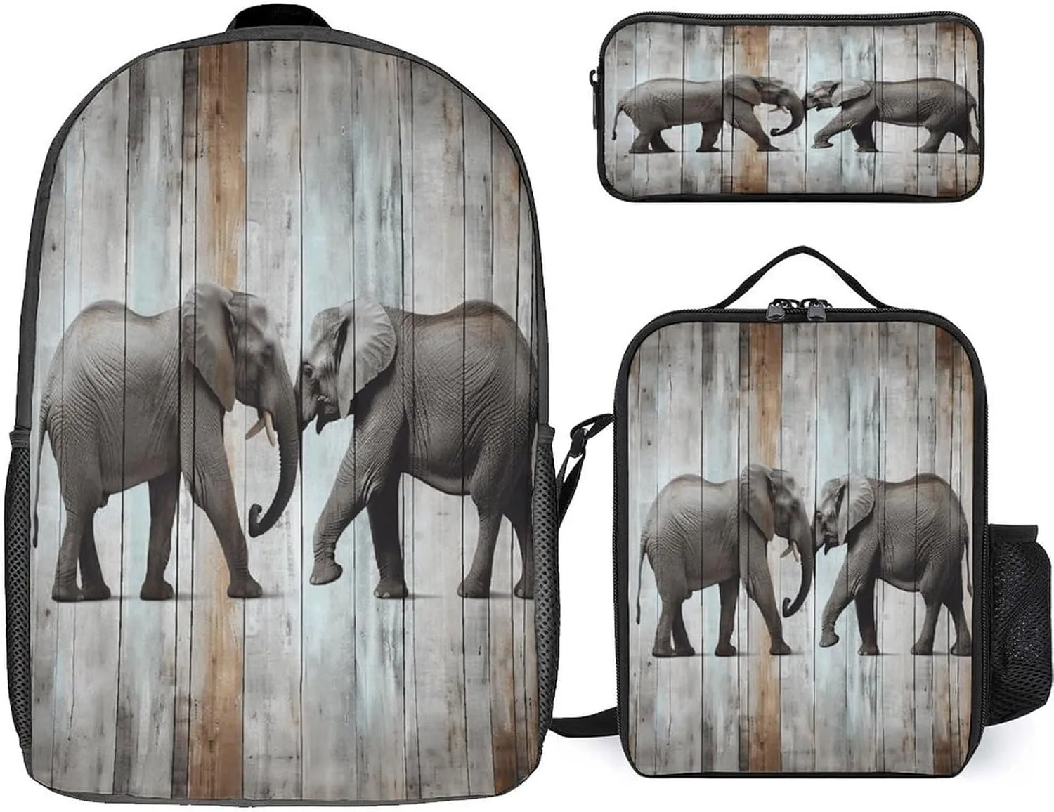 3 in 1 Backpack Set Elephant on Wood Print Casual Backpack Set Small Cosmetic Bag Travel Daypack Crossbody Lunch Bag Coin Purse Set