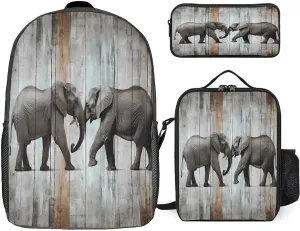 3 in 1 Backpack Set Elephant on Wood Print Casual Backpack Set Small Cosmetic Bag Travel Daypack Crossbody Lunch Bag Coin Purse Set
