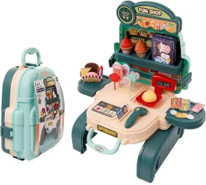 3 in 1 Shopping Bag Backpack - 29 PCs Grocery Store Pretend Play | Food Vendor Kids Pretend Play Toy with Weighing Scale, Ice Cream Cones, and Lollipops | Toddler Pretend Play Bag