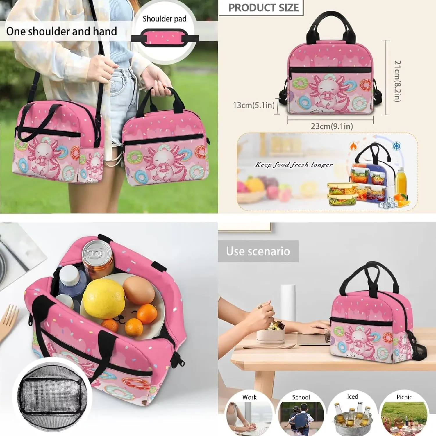 3 PCS Backpack Set with Lunch Box Axolotl Backpack for Girls 4-6 Preschool Bookbag with Pencil Case Cute Lightweight 12 Inch School Bag with Front Pockets for Kids