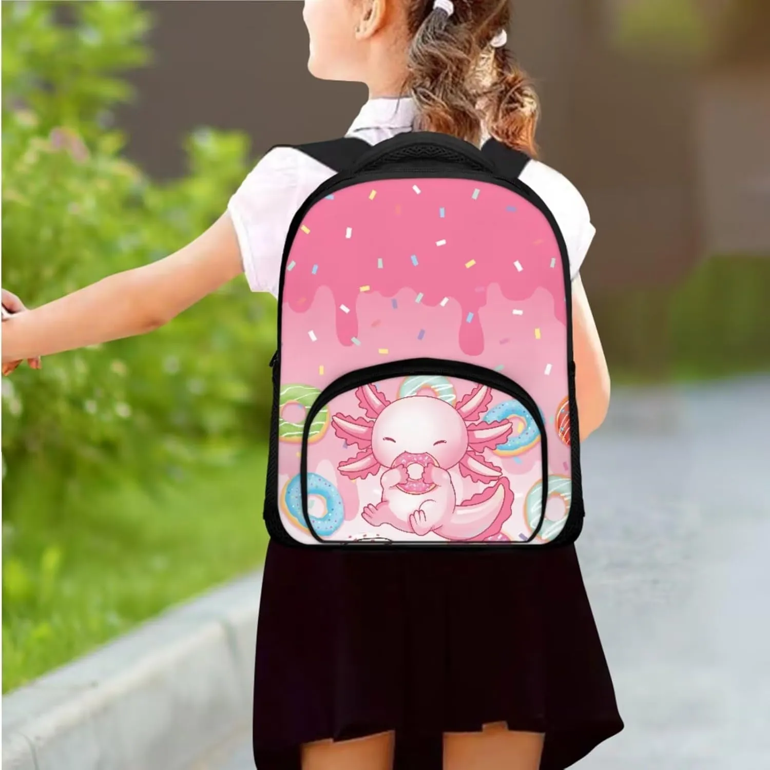 3 PCS Backpack Set with Lunch Box Axolotl Backpack for Girls 4-6 Preschool Bookbag with Pencil Case Cute Lightweight 12 Inch School Bag with Front Pockets for Kids