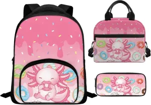 3 PCS Backpack Set with Lunch Box Axolotl Backpack for Girls 4-6 Preschool Bookbag with Pencil Case Cute Lightweight 12 Inch School Bag with Front Pockets for Kids