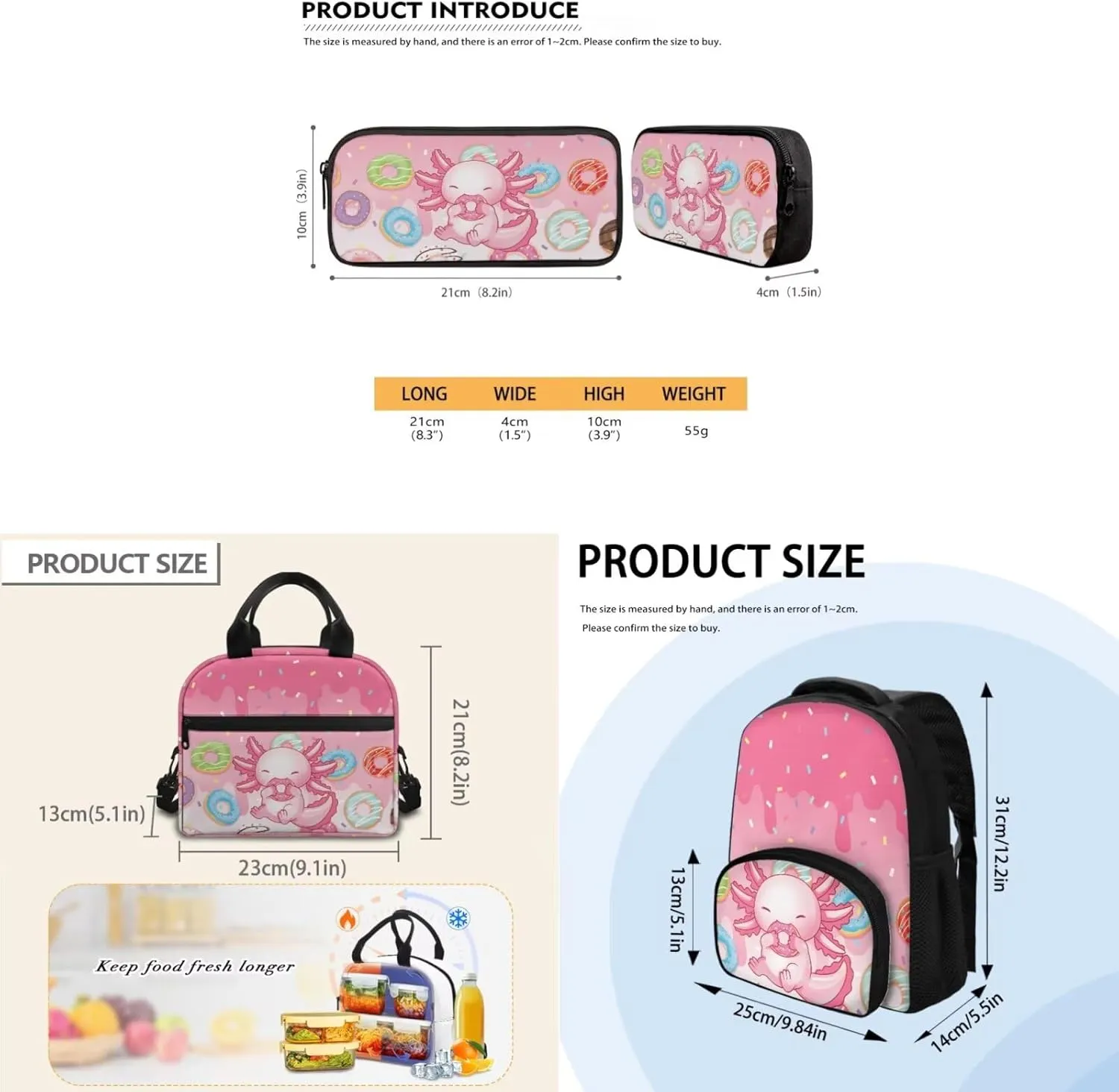 3 PCS Backpack Set with Lunch Box Axolotl Backpack for Girls 4-6 Preschool Bookbag with Pencil Case Cute Lightweight 12 Inch School Bag with Front Pockets for Kids