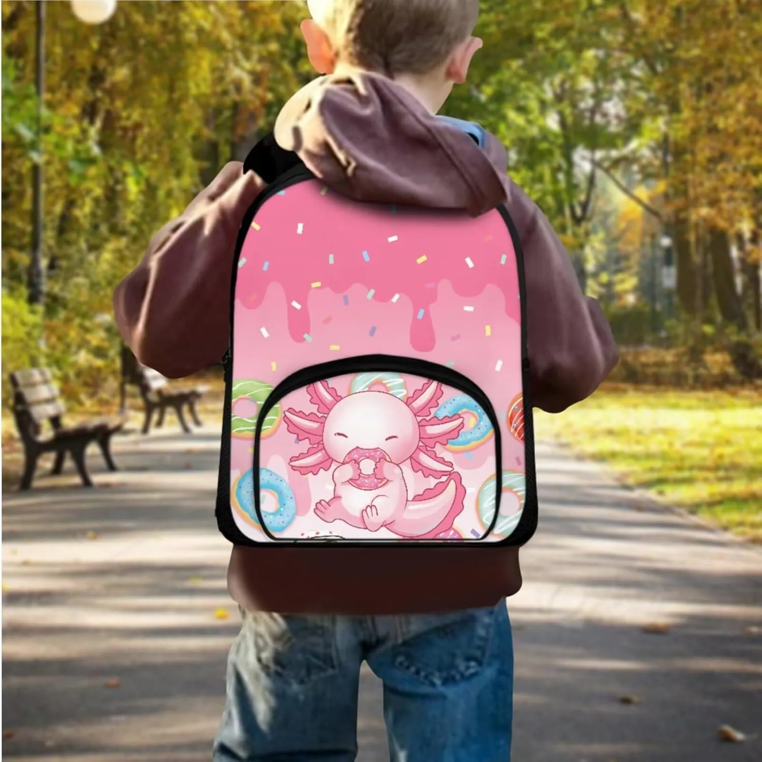 3 PCS Backpack Set with Lunch Box Axolotl Backpack for Girls 4-6 Preschool Bookbag with Pencil Case Cute Lightweight 12 Inch School Bag with Front Pockets for Kids