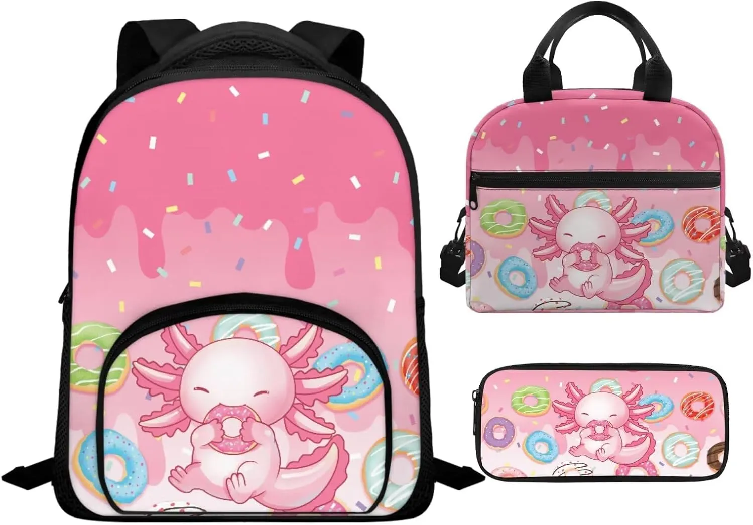 3 PCS Backpack Set with Lunch Box Axolotl Backpack for Girls 4-6 Preschool Bookbag with Pencil Case Cute Lightweight 12 Inch School Bag with Front Pockets for Kids