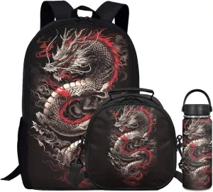 3 Pcs Dragon Backpack Set for Boys Cool Book Bag,Loong Bookbag for Elementary Kids Black Daypack with Lunch Box Water Bottle for 3-9 Years Children School Bags for Daily