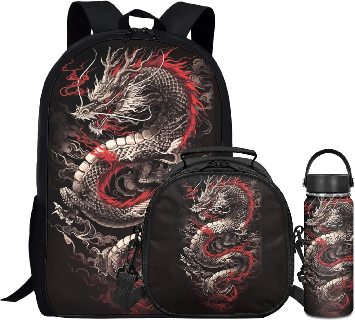 3 Pcs Dragon Backpack Set for Boys Cool Book Bag,Loong Bookbag for Elementary Kids Black Daypack with Lunch Box Water Bottle for 3-9 Years Children School Bags for Daily