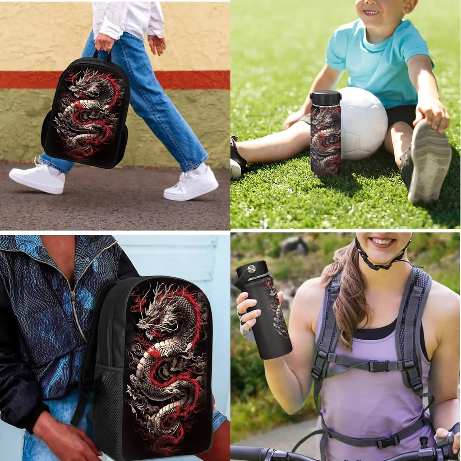 3 Pcs Dragon Backpack Set for Boys Cool Book Bag,Loong Bookbag for Elementary Kids Black Daypack with Lunch Box Water Bottle for 3-9 Years Children School Bags for Daily