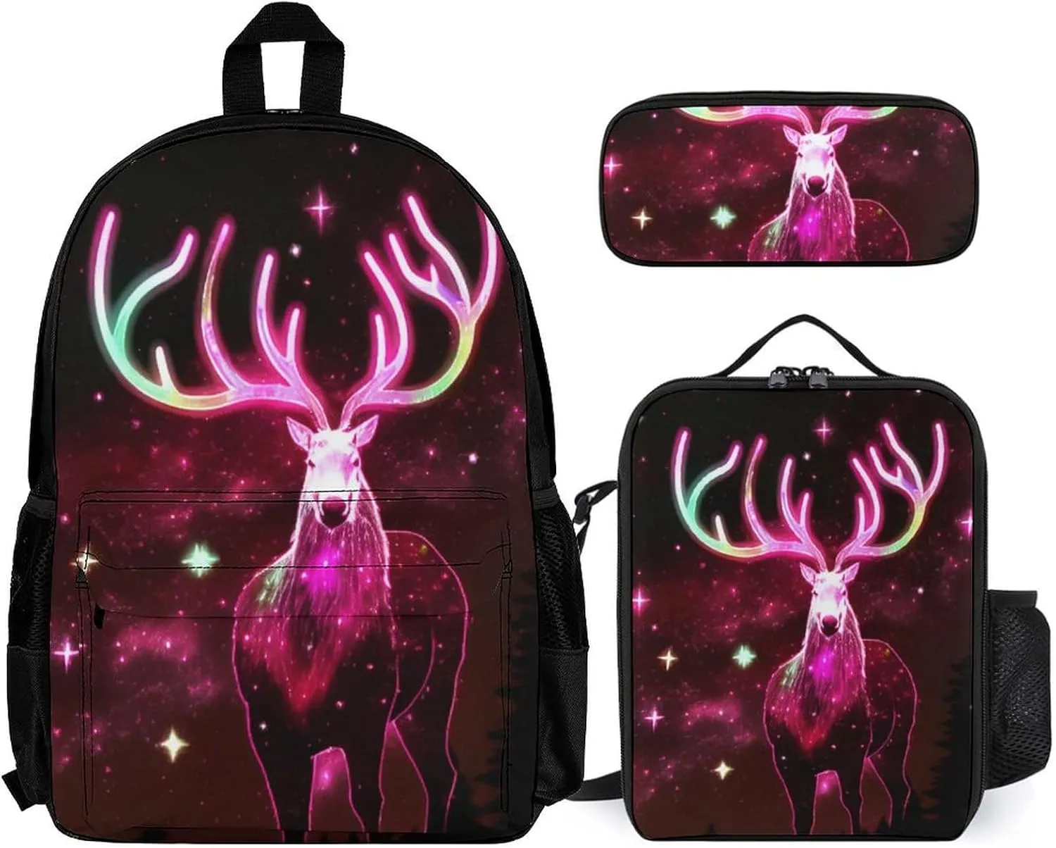 3 Piece Backpack Large Capacity Carry On Bag Backpack for Hiking Outdoors Running - Galaxy Starry Sky Christmas Elk Moose Art, Adult, Travel Daypack