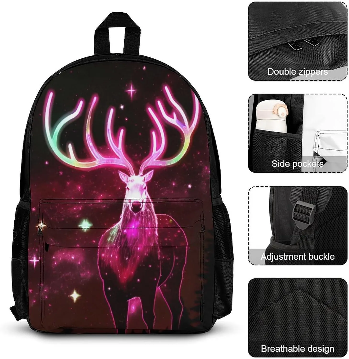 3 Piece Backpack Large Capacity Carry On Bag Backpack for Hiking Outdoors Running - Galaxy Starry Sky Christmas Elk Moose Art, Adult, Travel Daypack