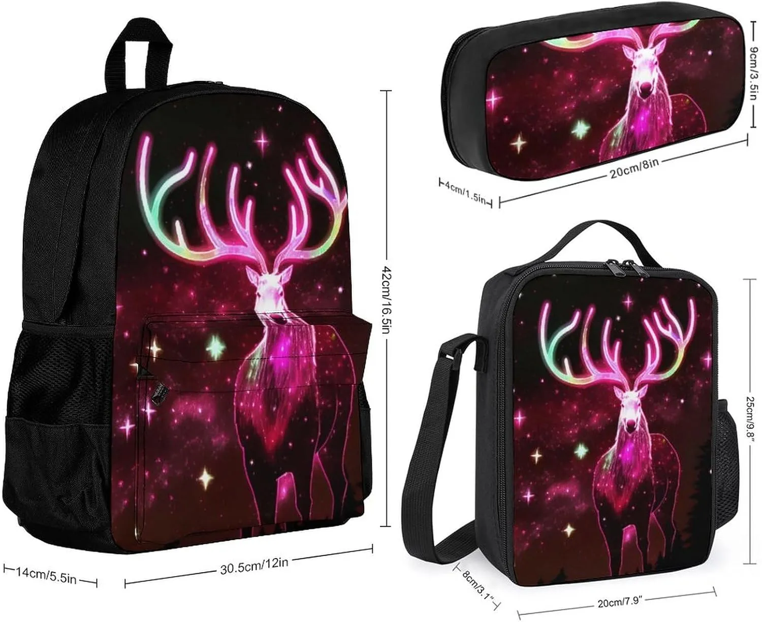 3 Piece Backpack Large Capacity Carry On Bag Backpack for Hiking Outdoors Running - Galaxy Starry Sky Christmas Elk Moose Art, Adult, Travel Daypack