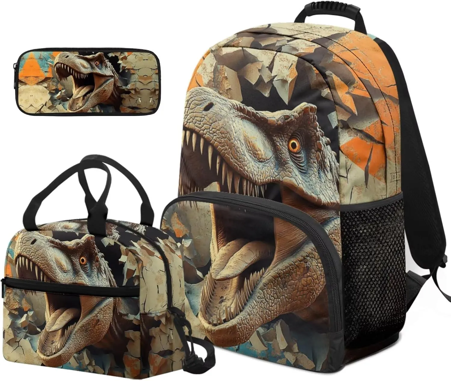 3 Piece Dinosaur Backpack with Lunch Box for Boys 6-8 Cool Kids School Bag Set for Elementary Kindergarten Lightweight Boys Backpack with Lunch Bag and Pencil Case