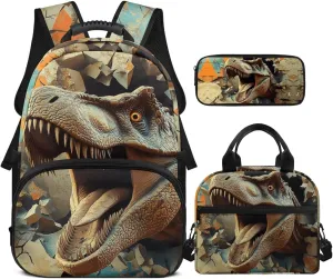 3 Piece Dinosaur Backpack with Lunch Box for Boys 6-8 Cool Kids School Bag Set for Elementary Kindergarten Lightweight Boys Backpack with Lunch Bag and Pencil Case