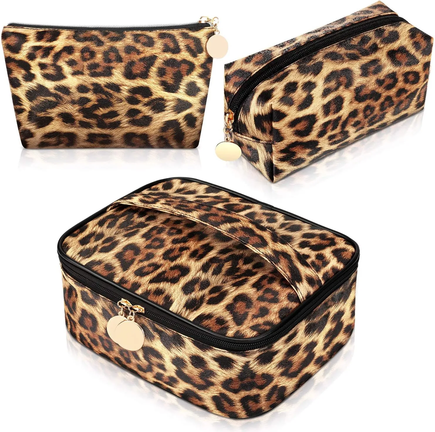 3 Pieces Leopard Print Cosmetic Bag Set Cheetah Toiletry Travel Makeup Bag Portable Makeup Pouch Brush Organizer Purse Handbag for Women