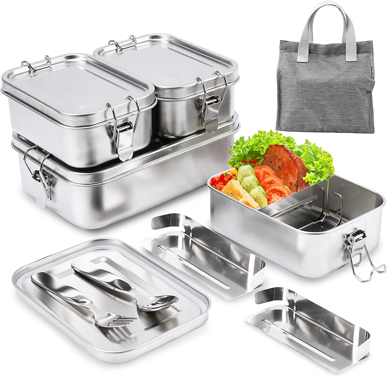 304 Stainless Steel Bento Boxes 4 Pack, 1400/850/550ml Lunch Box with Spoon, Fork, Insulated Bag, Leak-Proof Stackable Bento Containers with Lids for Lunch, Fruits, Salads