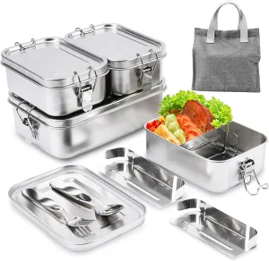 304 Stainless Steel Bento Boxes 4 Pack, 1400/850/550ml Lunch Box with Spoon, Fork, Insulated Bag, Leak-Proof Stackable Bento Containers with Lids for Lunch, Fruits, Salads