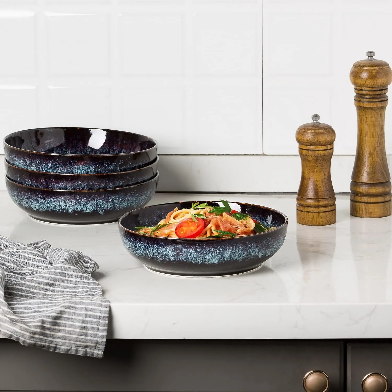30oz Pasta bowls set - 8" serving bowls - salad bowl set of 4 - Large ceramic Dinner bowls - Microwave safe Perfect for Housewarming, Thanksgiving, Christmas-Speckled Bluish Purple