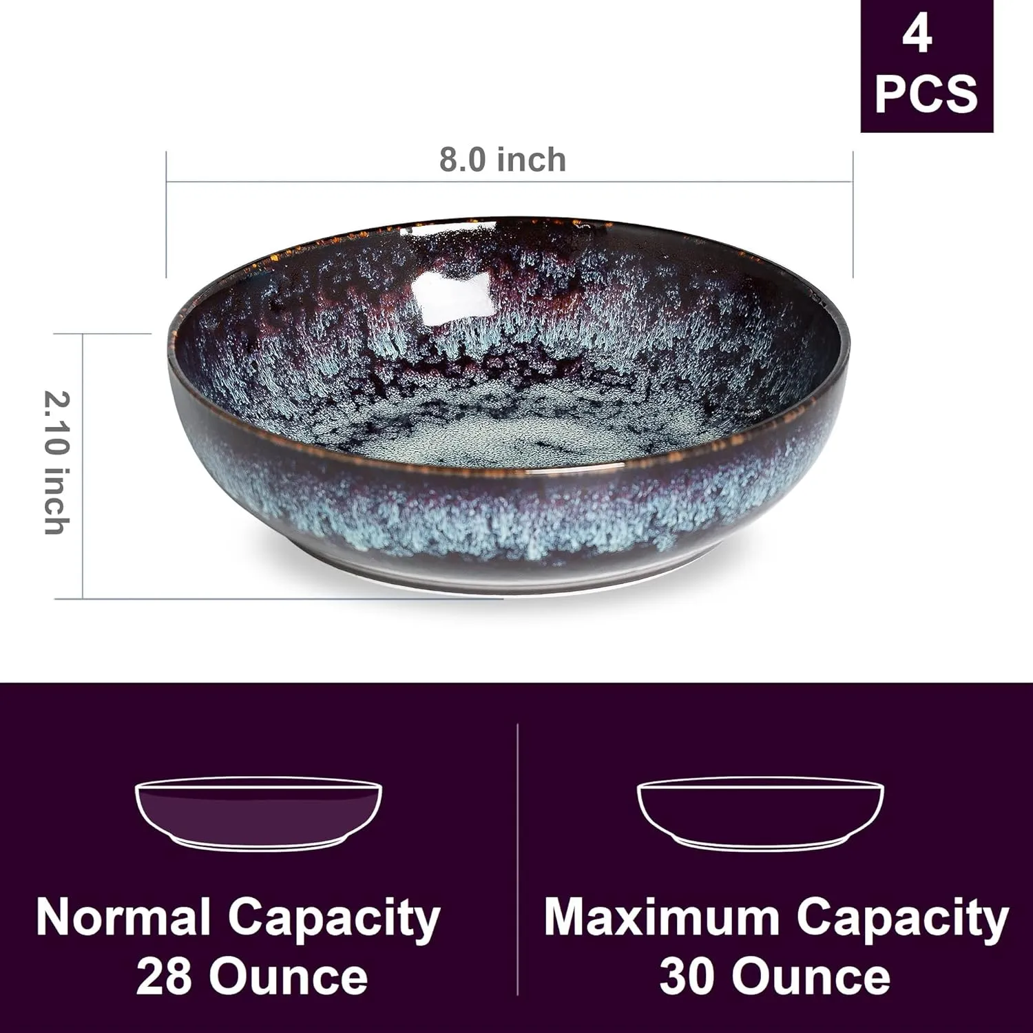 30oz Pasta bowls set - 8" serving bowls - salad bowl set of 4 - Large ceramic Dinner bowls - Microwave safe Perfect for Housewarming, Thanksgiving, Christmas-Speckled Bluish Purple