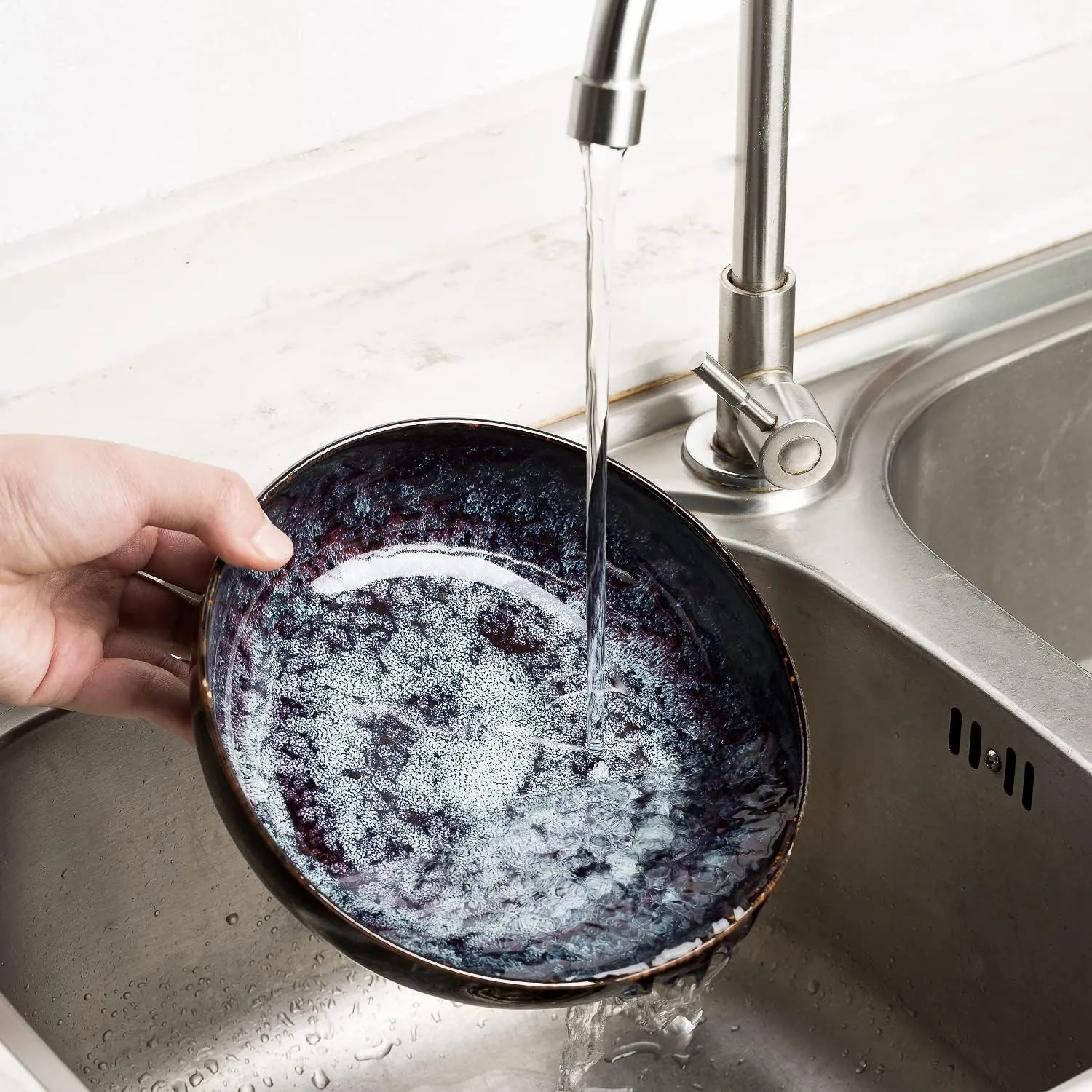 30oz Pasta bowls set - 8" serving bowls - salad bowl set of 4 - Large ceramic Dinner bowls - Microwave safe Perfect for Housewarming, Thanksgiving, Christmas-Speckled Bluish Purple