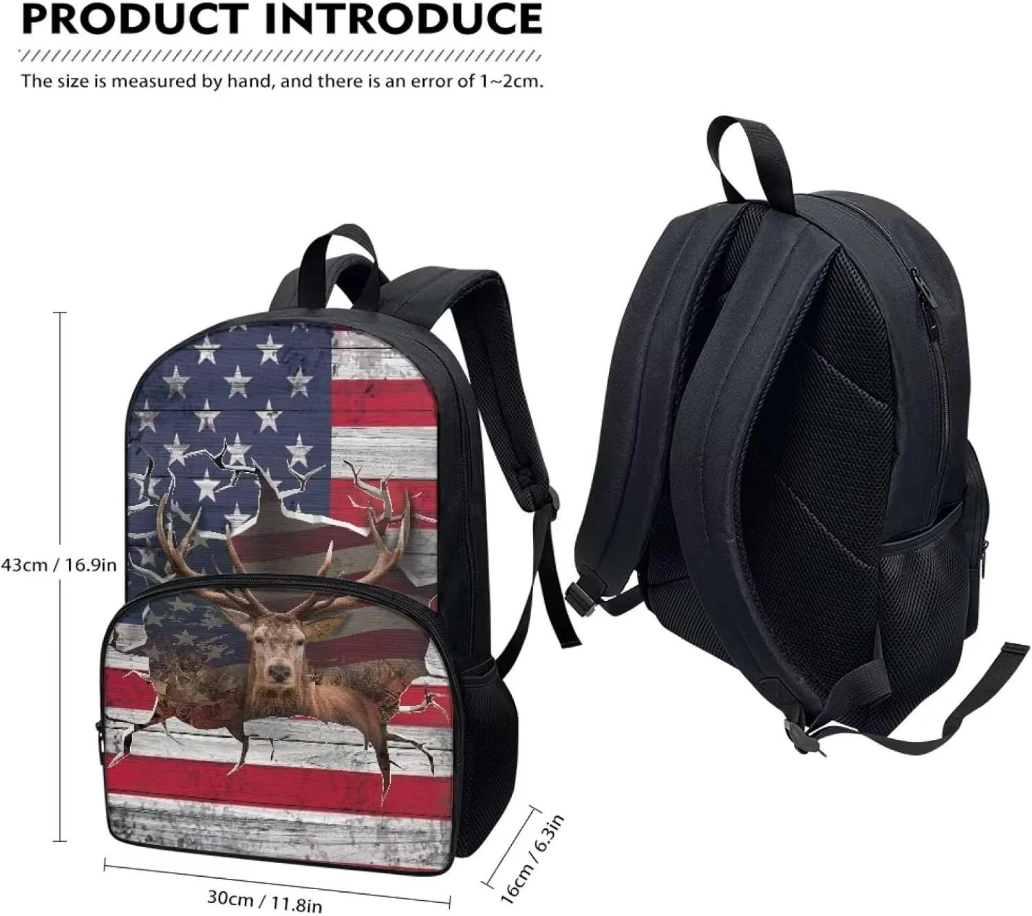3D USA Flag Elk Print School Backpack for Boys Girls Lightweight Book Bag with Zippered Pockets, Large Capacity Travel Laptop Backpack Daypack Rucksack for Outdoor