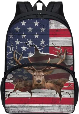 3D USA Flag Elk Print School Backpack for Boys Girls Lightweight Book Bag with Zippered Pockets, Large Capacity Travel Laptop Backpack Daypack Rucksack for Outdoor