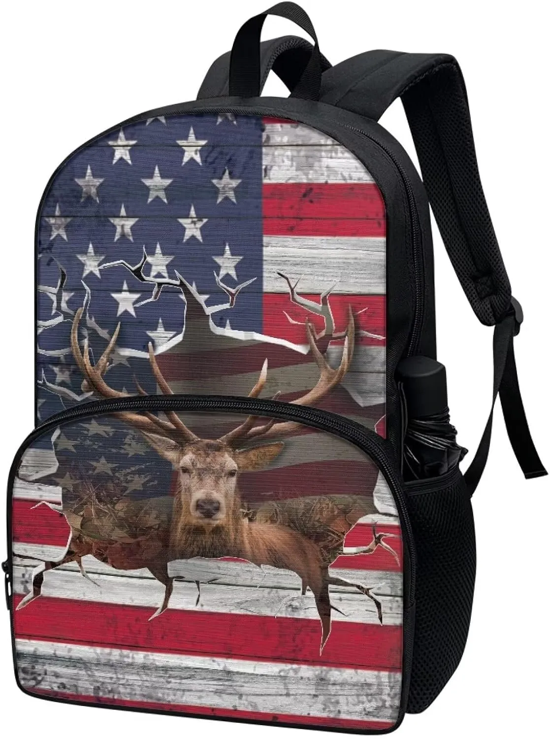3D USA Flag Elk Print School Backpack for Boys Girls Lightweight Book Bag with Zippered Pockets, Large Capacity Travel Laptop Backpack Daypack Rucksack for Outdoor